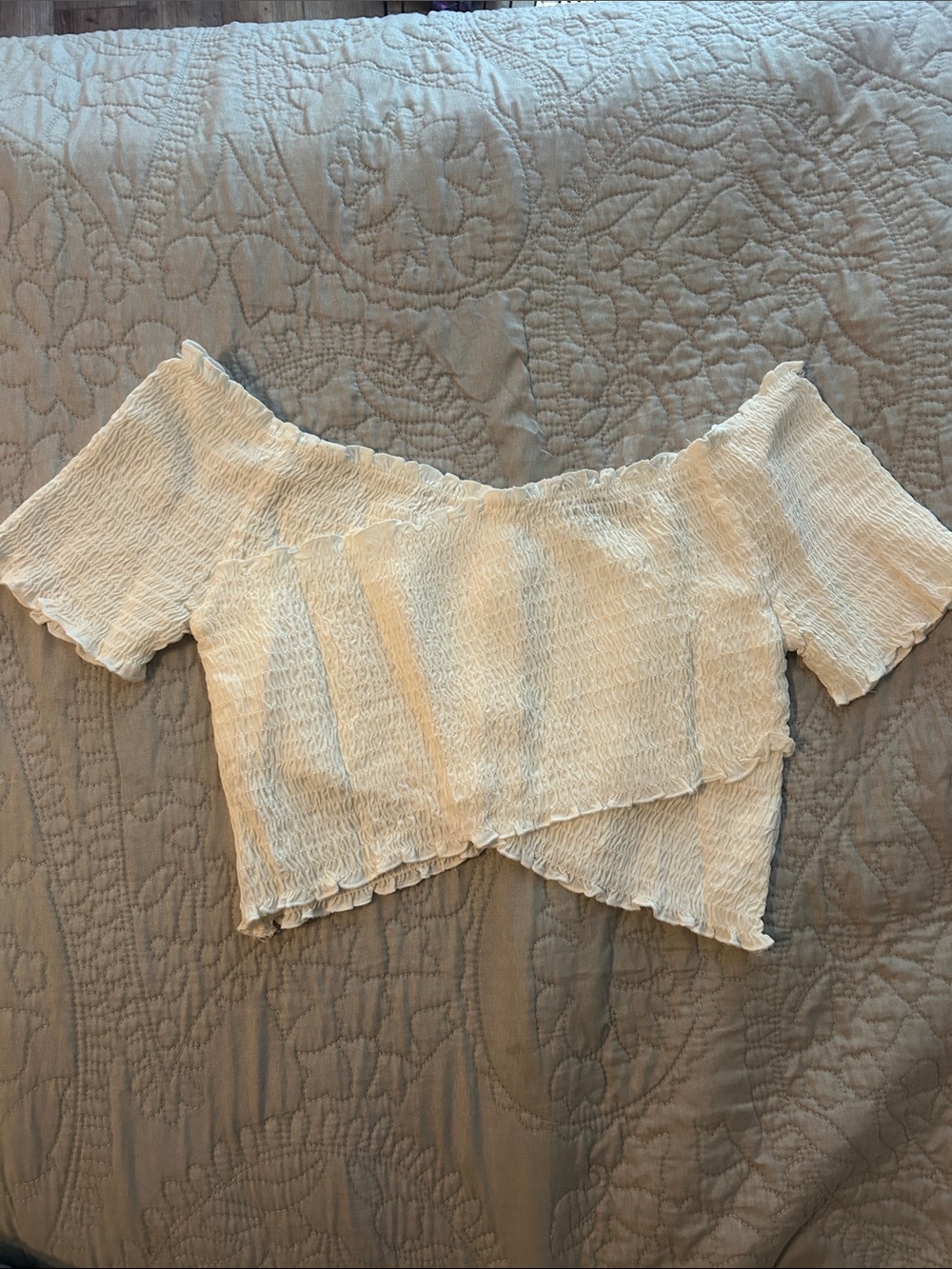 Smocked Off-Shoulder Crop Top in White
